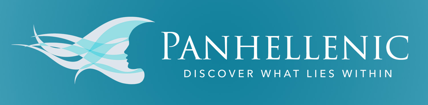 Panhellenic Banner with slogan Discover What Lies Within and the Panhellenic logo, a woman staring towards the left with the hair flowing.