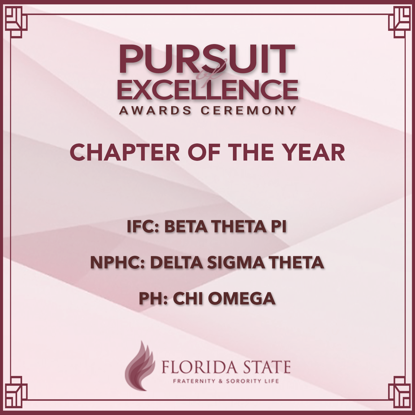 Chapter of the year award winners - Beta Theta Pi, Delta Sigma Theta, and Chi Omega