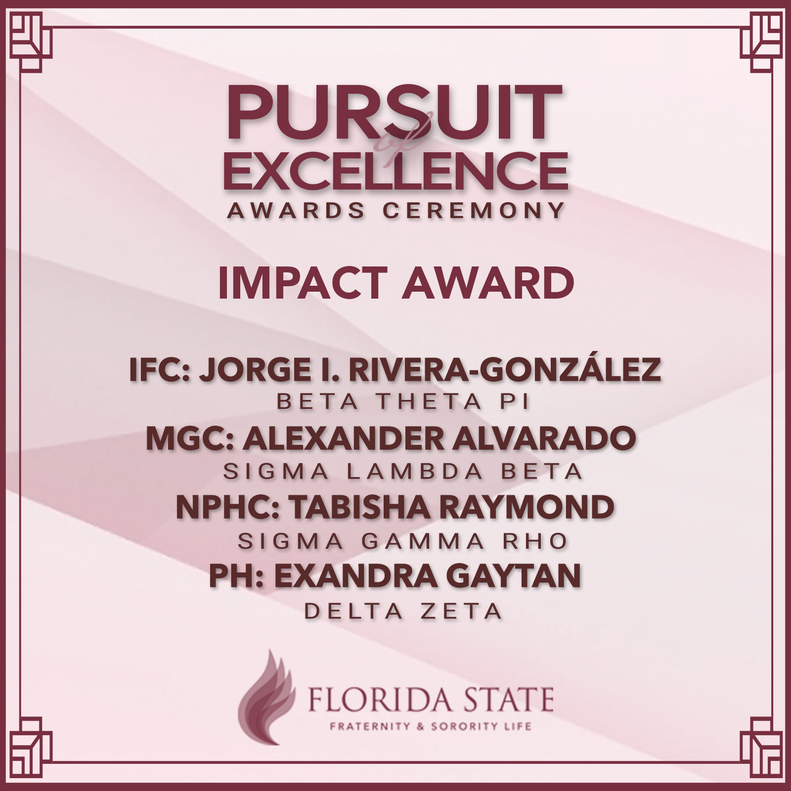 Impact Award Winners- Jorge Rivera- Gonzalez, Alecander Alvarado, Tabisha Raymond, Exandra Gaytan