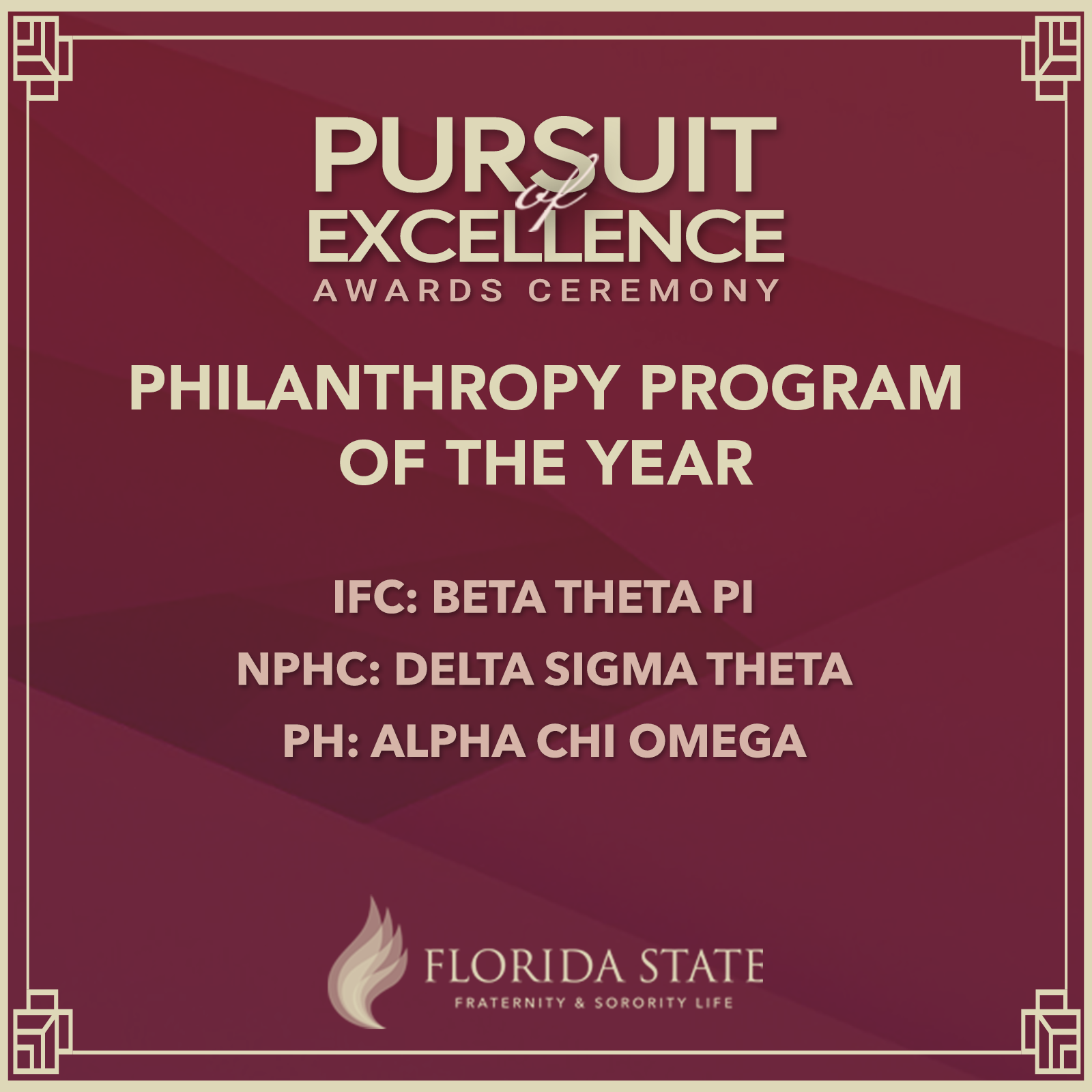 Philanthropy Program of the Year winners - Beta Theta Pi, Delta Sigma Theta, Alpha Chi Omega