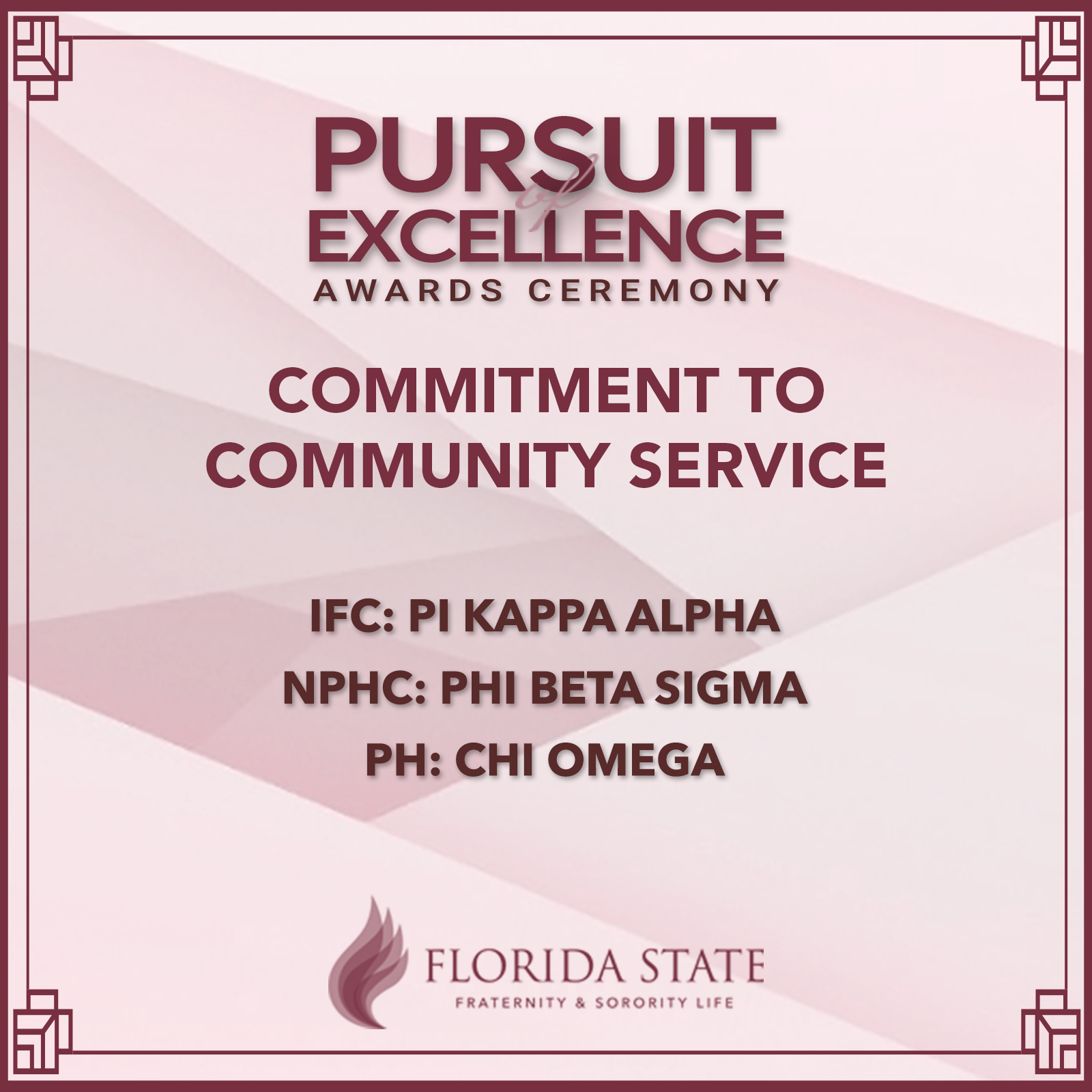 Commitment to Community Service Award Winners- Beta Theta Pi, Delta Sigma Theta, Alpha Chi Omega